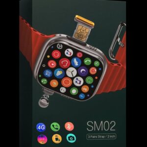 Smartwatch SM02 retail packaging with a red strap, 2-inch display, and app icons shown on screen.