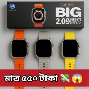 “T900 Ultra smartwatch with 2.09 inch big display in orange, gray, and yellow straps – budget offer price in Bangladesh”