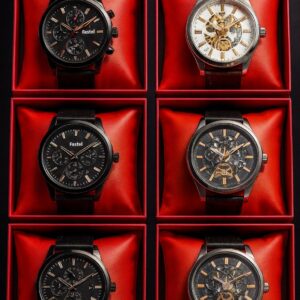 “Set of six luxury men’s wristwatches in red gift boxes – black chronograph and skeleton dial designs with leather straps”